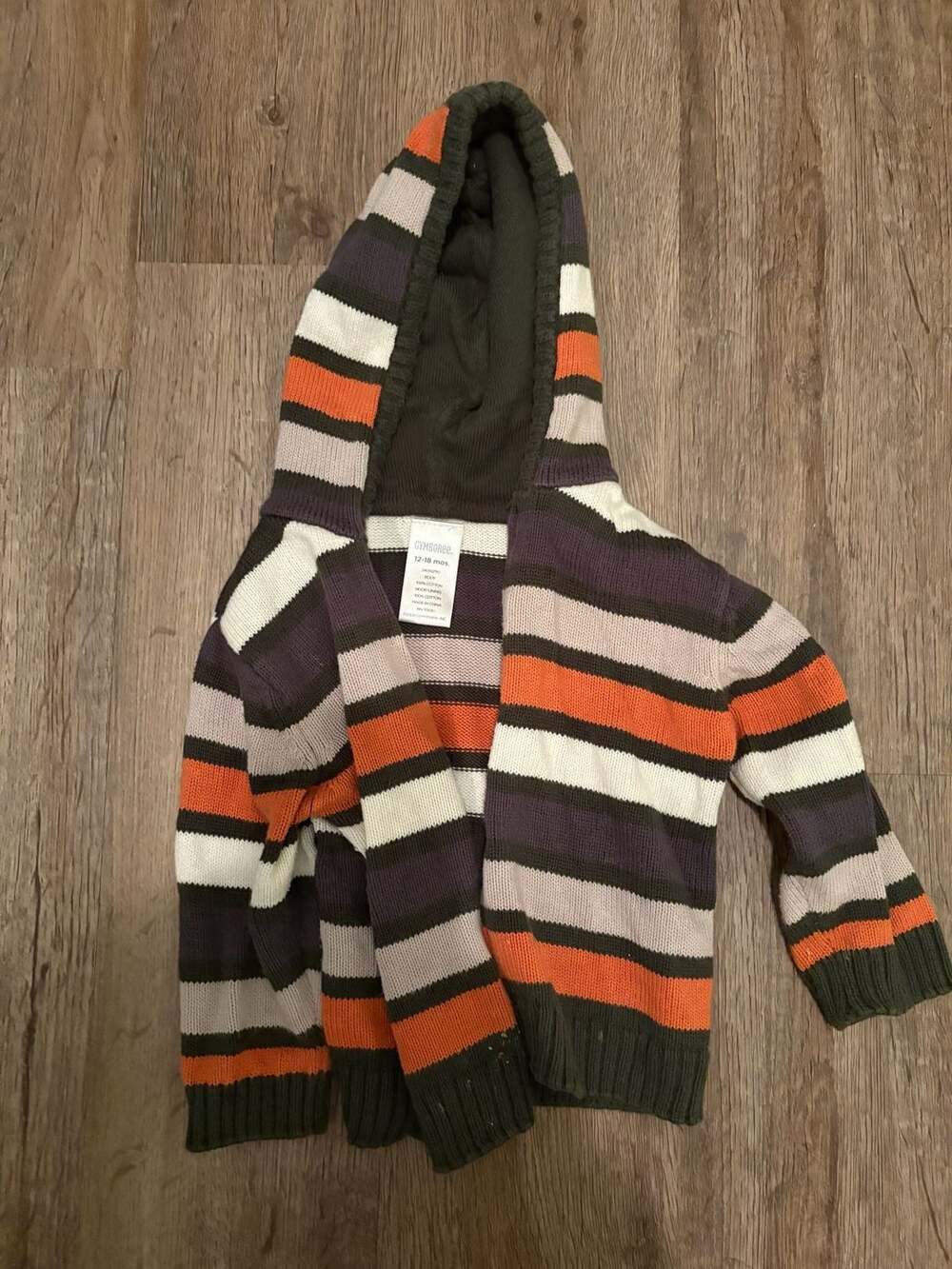 Gymboree 12-18 Months Boys Orange Grey White Striped Full Zip Knit Hooded Sweate